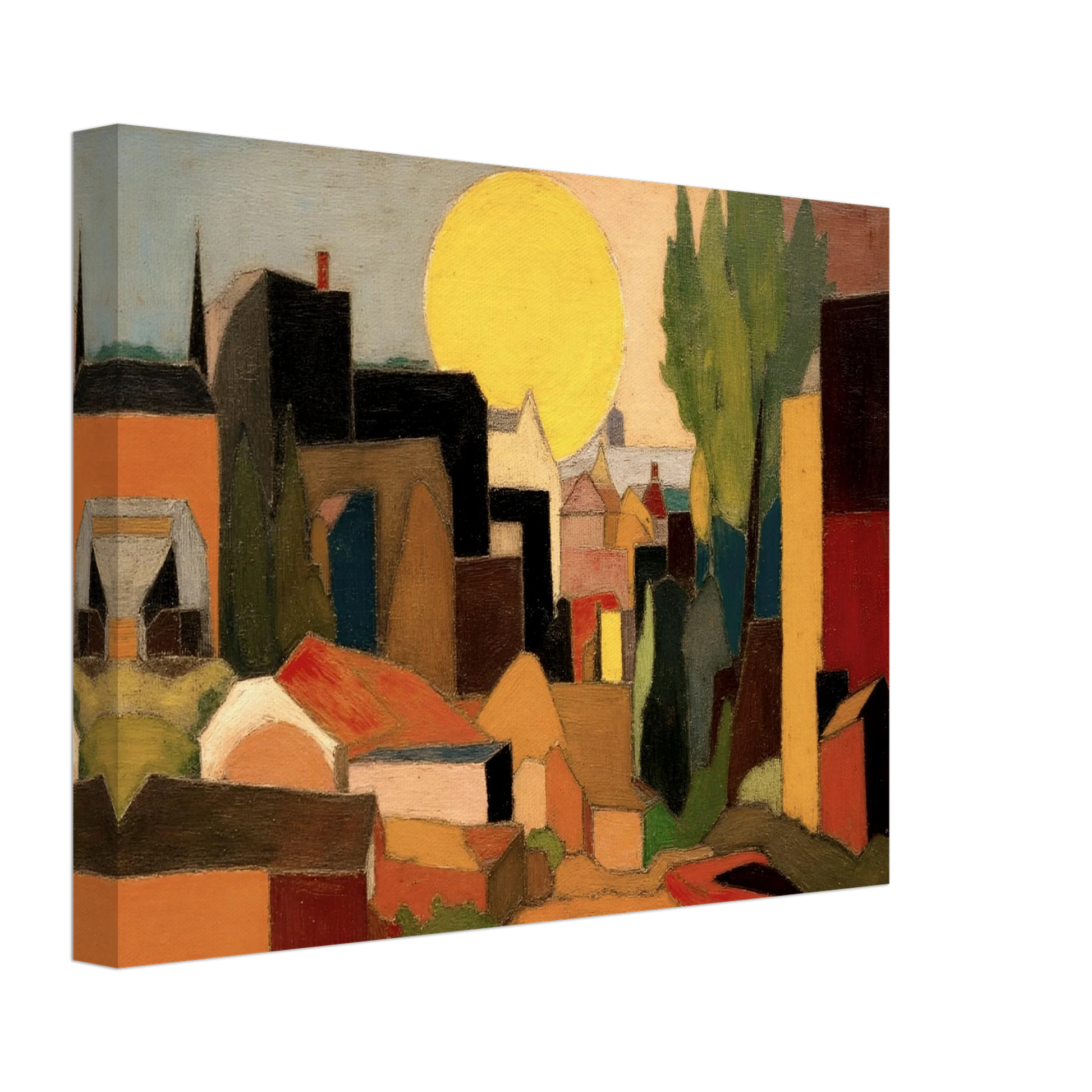 A stylized village landscape featuring geometric houses, tall trees, and a large golden sun rising or setting behind the rooftops in warm earthy tones.