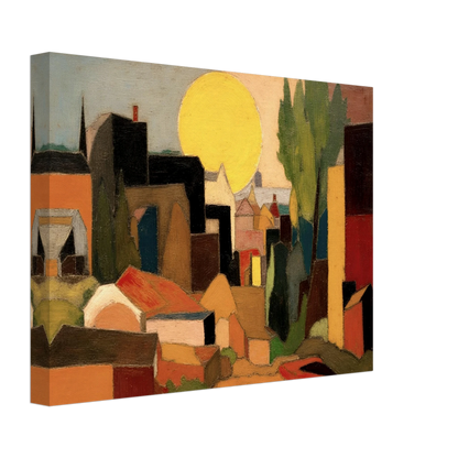A stylized village landscape featuring geometric houses, tall trees, and a large golden sun rising or setting behind the rooftops in warm earthy tones.