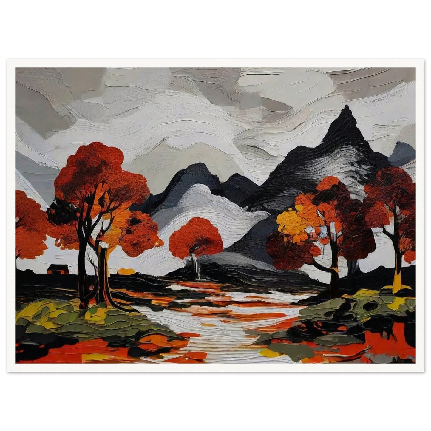 A striking painting of mountains with autumn trees reflected in a river, featuring vivid reds and oranges.