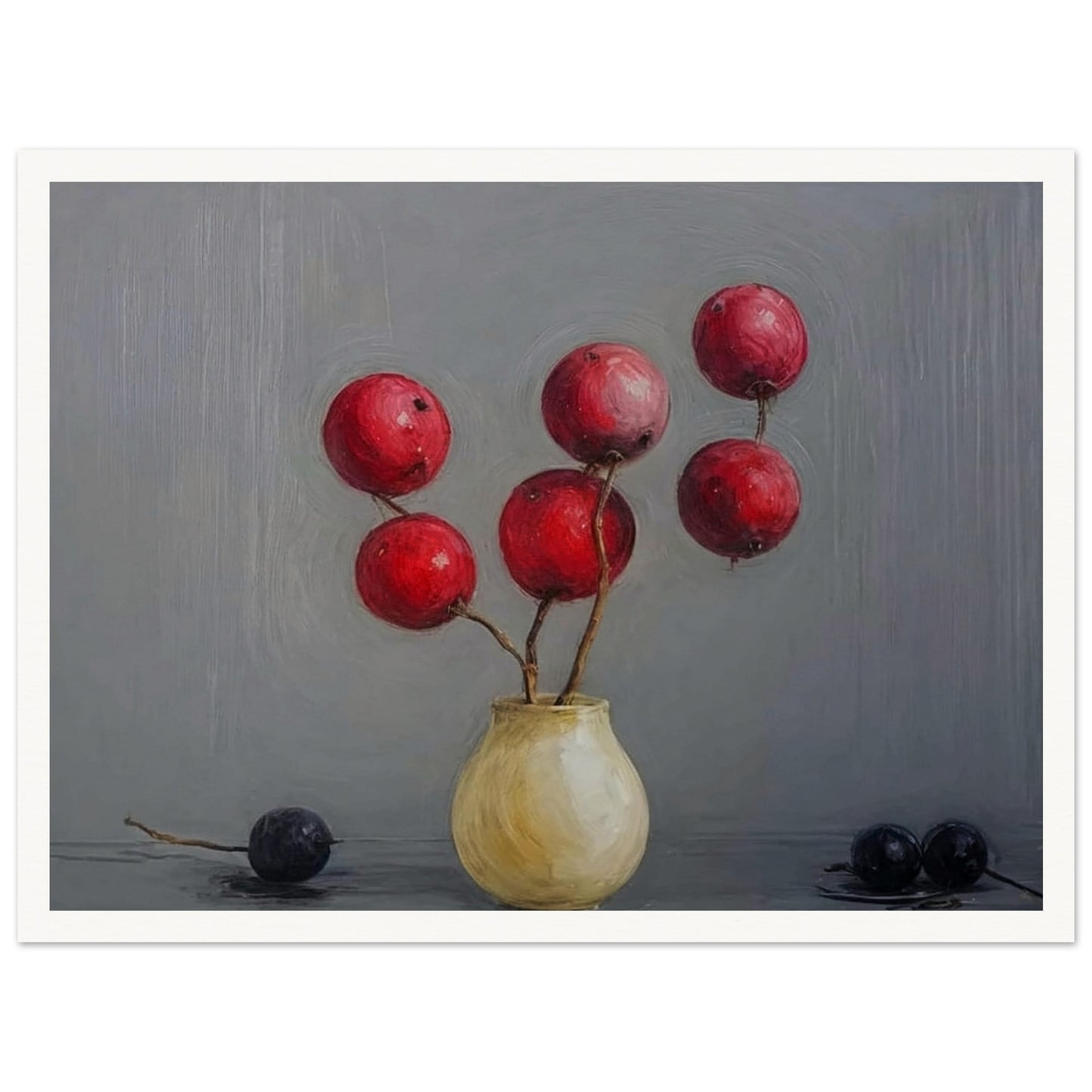 A minimalist still life painting featuring red berries arranged in a small, round vase, set against a soft gray background, with two dark berries resting on the table.