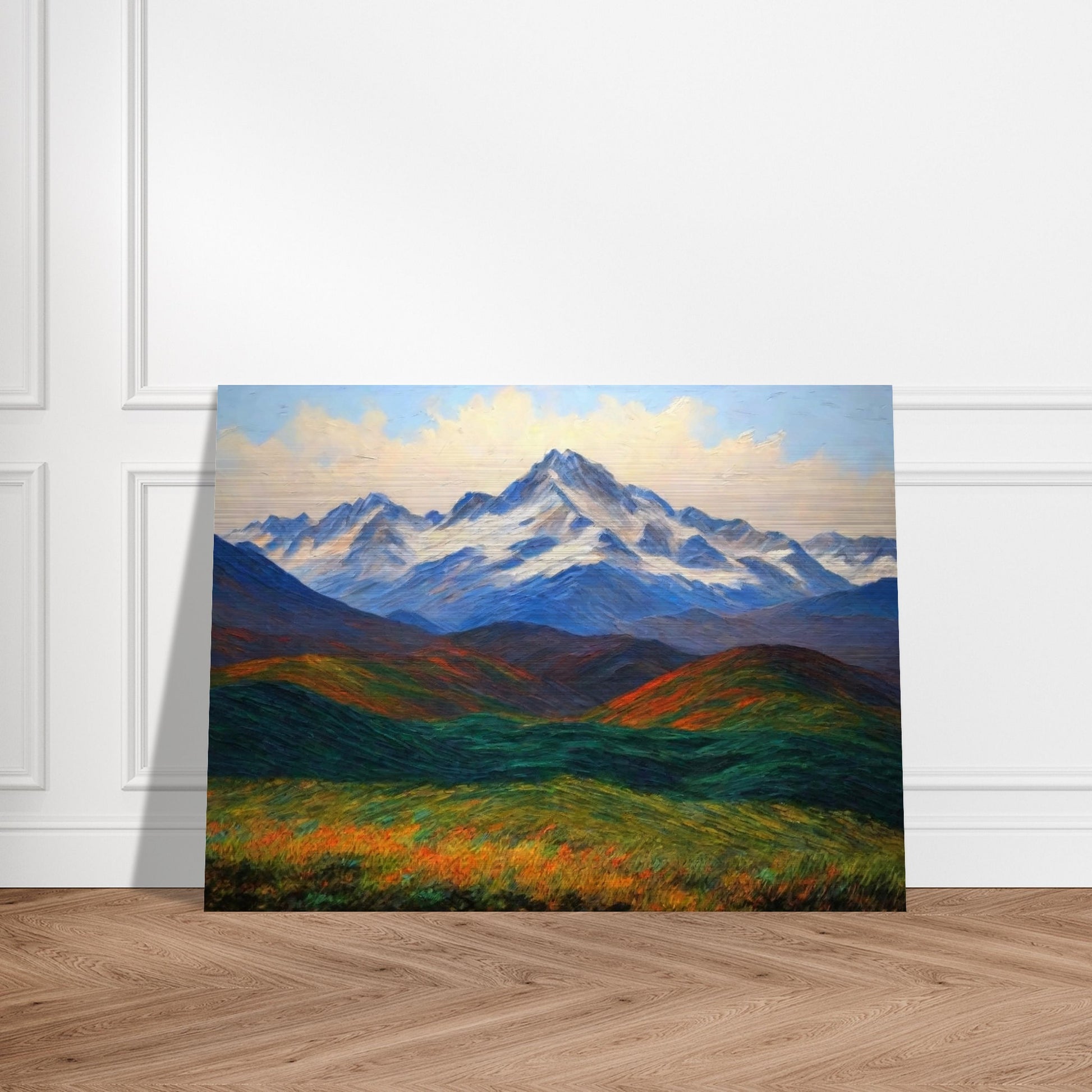 A majestic landscape painting of snow-capped mountains towering over vibrant green and orange fields, under a bright, peaceful sky.