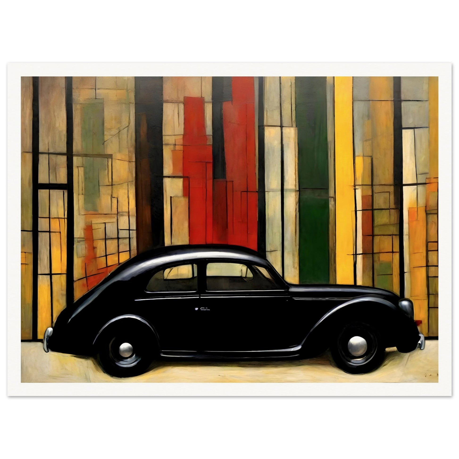 A sleek black vintage car set against a modernist background of vertical colored panels in red, yellow, and green tones.