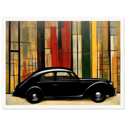 A sleek black vintage car set against a modernist background of vertical colored panels in red, yellow, and green tones.