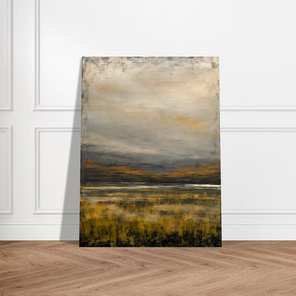 A tranquil landscape featuring golden marsh grasses beneath a vast gray sky, with distant hills and reflective water creating a calm, atmospheric scene.