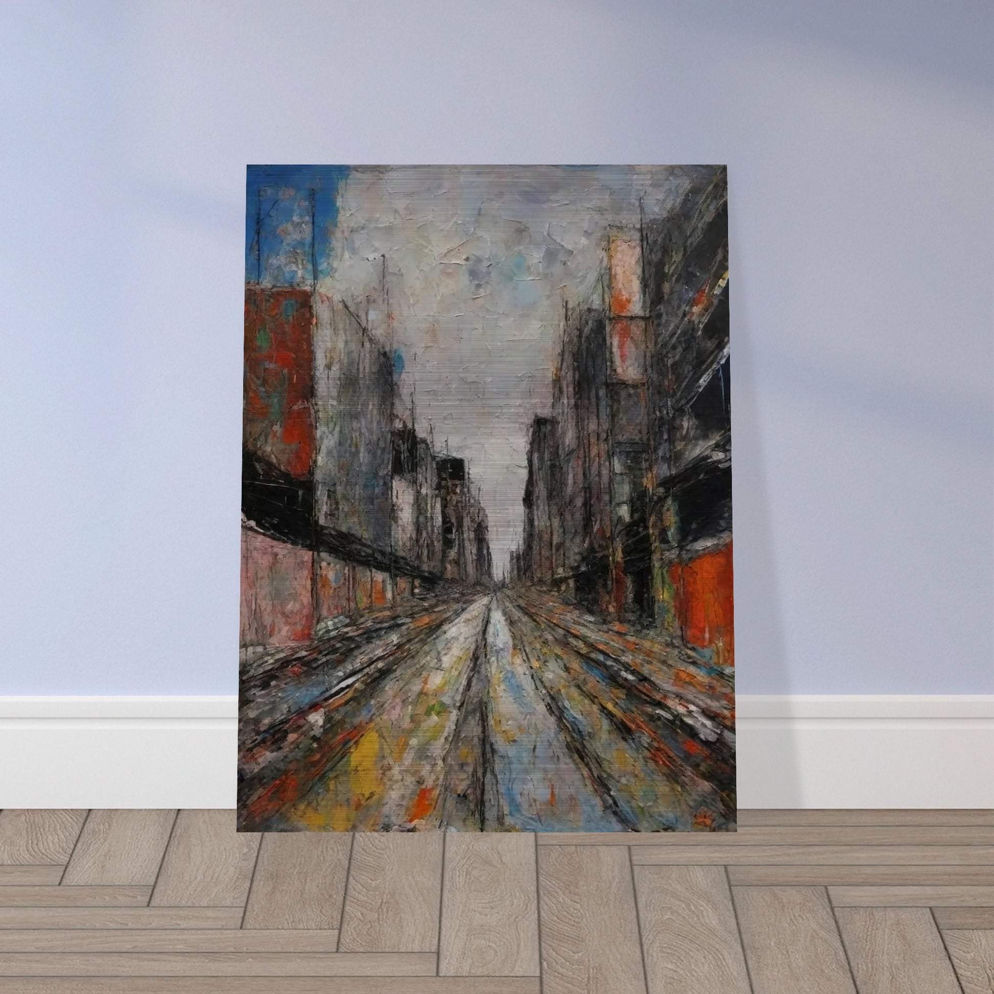 Textured painting of a long urban alley with tall buildings on both sides, leading to a vanishing point under a cloudy sky.