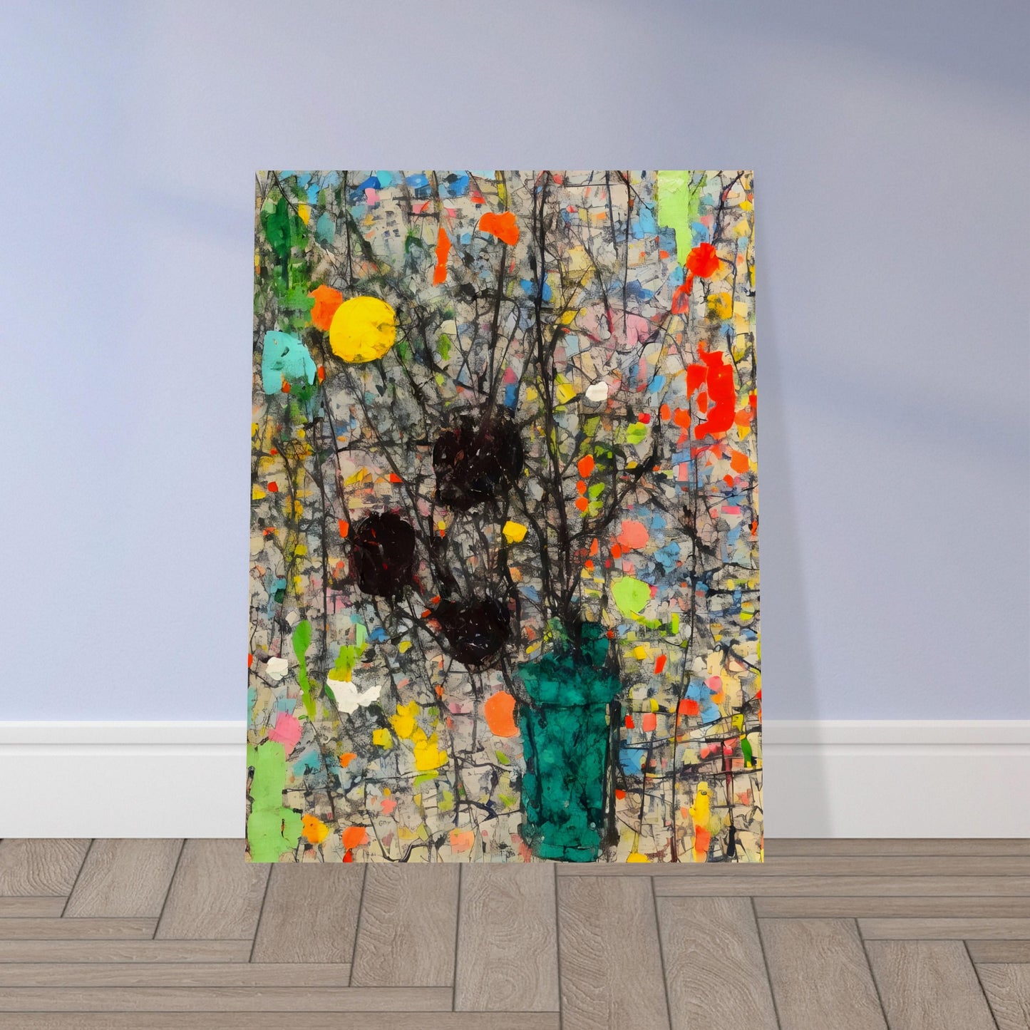 An abstract floral painting with a dark vase and branches, set against a textured, colorful background with splashes of red, yellow, and blue.