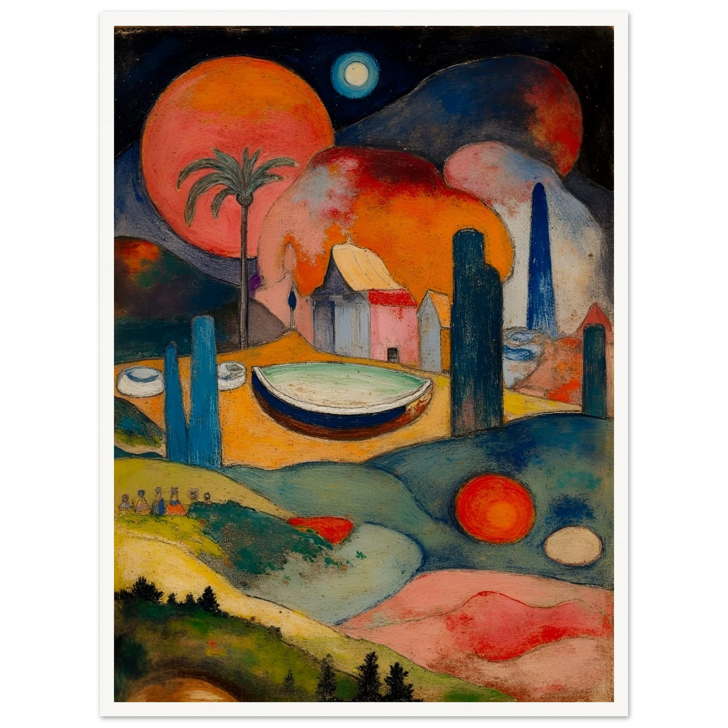 A surreal fantasy landscape featuring colorful geometric buildings, a small boat, rolling hills, glowing celestial spheres, and a palm tree beneath a dark starry sky.