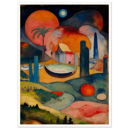 A surreal fantasy landscape featuring colorful geometric buildings, a small boat, rolling hills, glowing celestial spheres, and a palm tree beneath a dark starry sky.