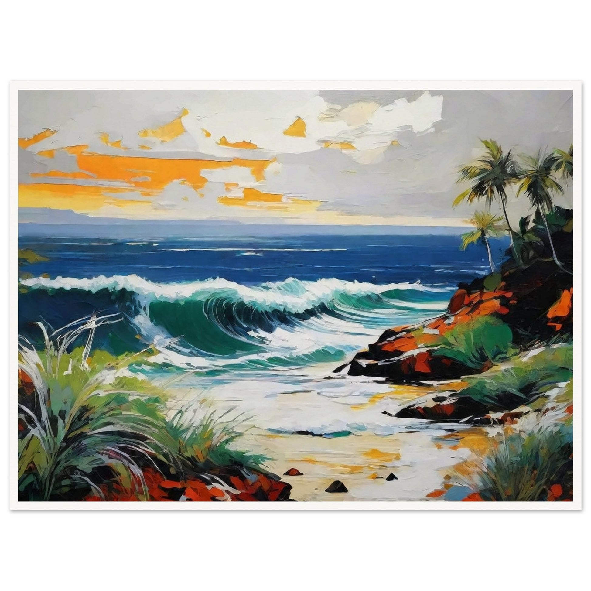 A vibrant painting of an ocean wave crashing onto a rocky coastline with palm trees and a colorful sky at sunset, exuding serenity.