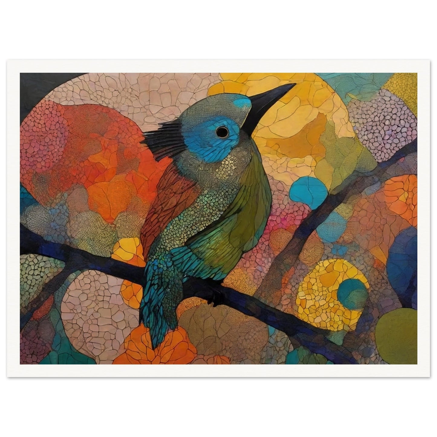 "A stunning painting of a bird perched on a branch, filled with vibrant hues of blue, green, and orange, surrounded by abstract, colorful patterns in the background."