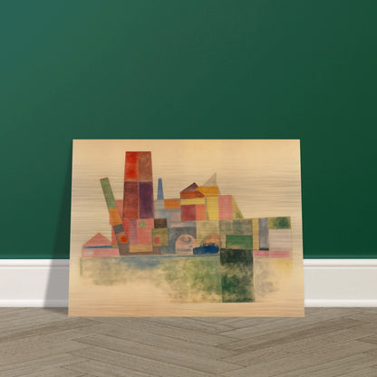 A pastel-toned cityscape made of overlapping geometric blocks in soft reds, greens, yellows, and blues against a beige backdrop.