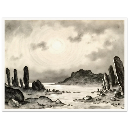 Monochrome dreamscape of towering stone formations beside a tranquil shore beneath a glowing celestial sky, evoking mystery and timeless solitude.