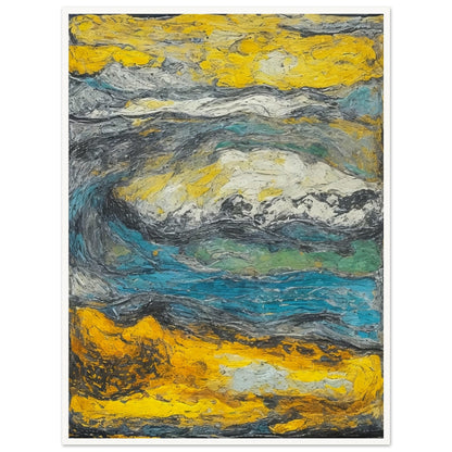 An expressive abstract painting capturing the essence of a stormy landscape with swirling colors and textures, predominantly in shades of yellow, blue, and gray. The dynamic movement and thick application of paint evoke a sense of turbulence and natural power.