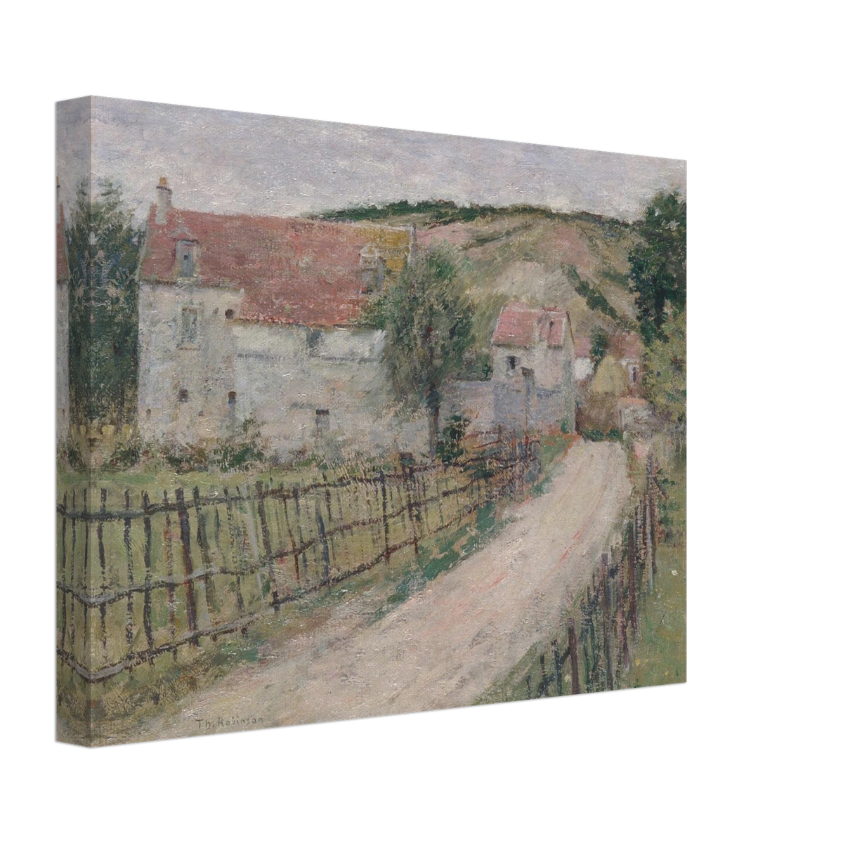 Country road curves past white village houses and fences toward a hill under a pale cloudy sky.