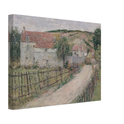 Country road curves past white village houses and fences toward a hill under a pale cloudy sky.