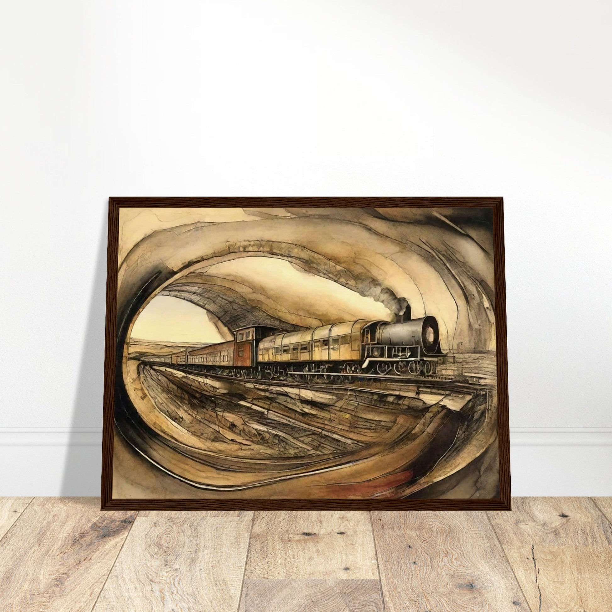 "A detailed painting of a steam engine train traveling through a tunnel, with a sepia-toned landscape surrounding the scene, evoking a sense of vintage travel."