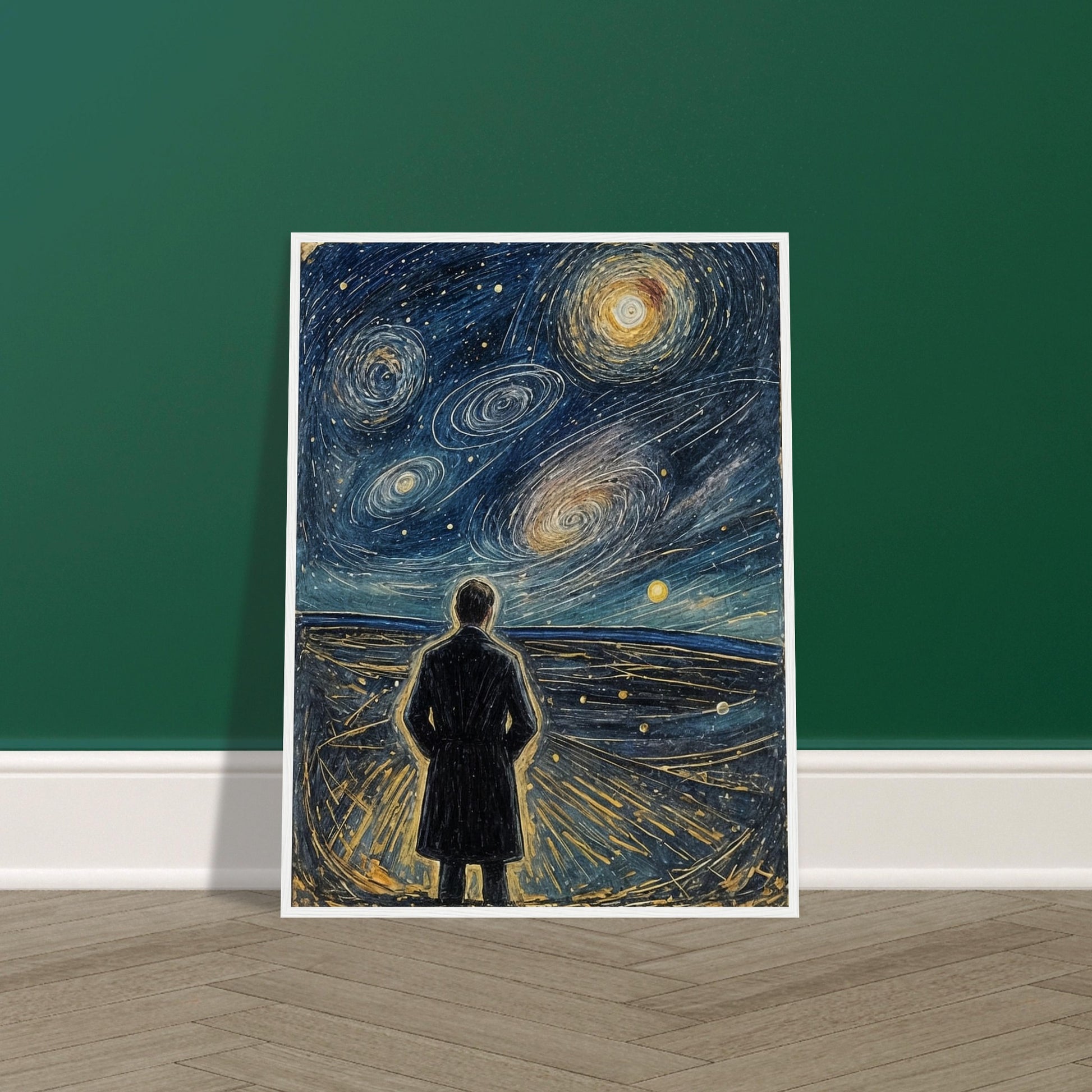 A figure stands on a vast plain, gazing up at a swirling, star-filled night sky with spiral galaxies glowing above.