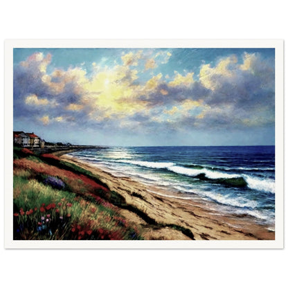 A serene painting of a beach at sunset, with gentle waves rolling onto the sand, vibrant grasses, and houses along the distant coastline.