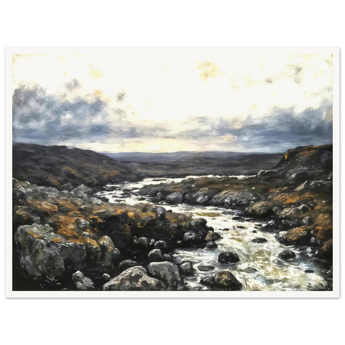 A rugged river winds through rocky highlands beneath dramatic clouds, blending silver waters with earthy terrain and distant horizons.