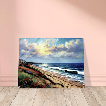 A serene painting of a beach at sunset, with gentle waves rolling onto the sand, vibrant grasses, and houses along the distant coastline.