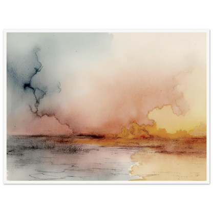 A soft watercolor landscape of fading skies, glowing yellow clouds, and tranquil reflections on a quiet lakeshore at dusk.
