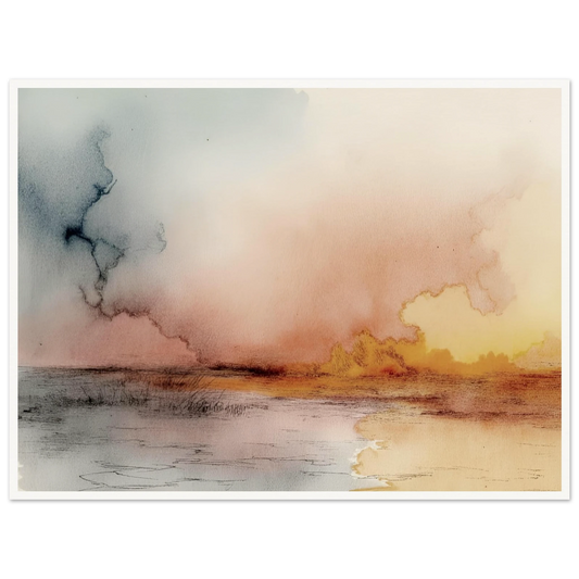 A soft watercolor landscape of fading skies, glowing yellow clouds, and tranquil reflections on a quiet lakeshore at dusk.