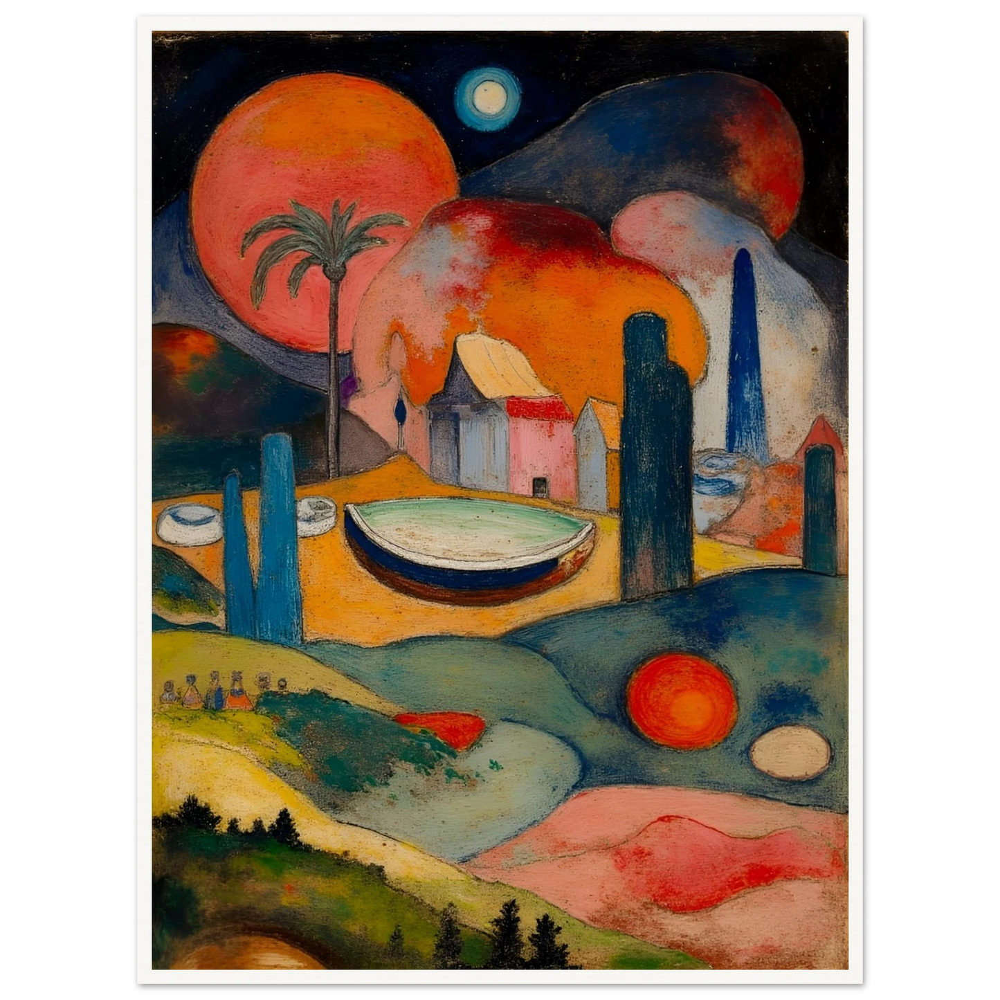 A surreal fantasy landscape featuring colorful geometric buildings, a small boat, rolling hills, glowing celestial spheres, and a palm tree beneath a dark starry sky.