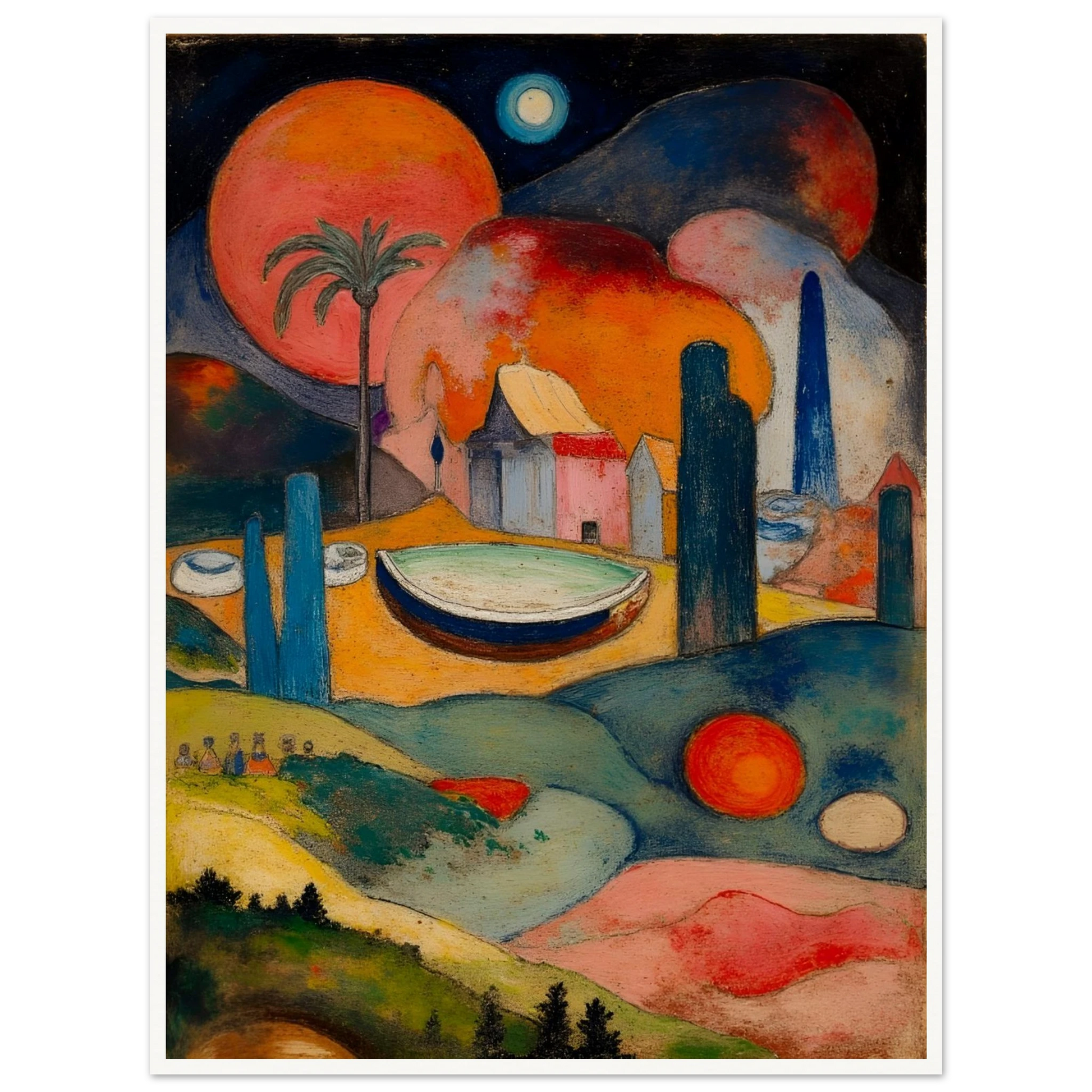 A surreal fantasy landscape featuring colorful geometric buildings, a small boat, rolling hills, glowing celestial spheres, and a palm tree beneath a dark starry sky.
