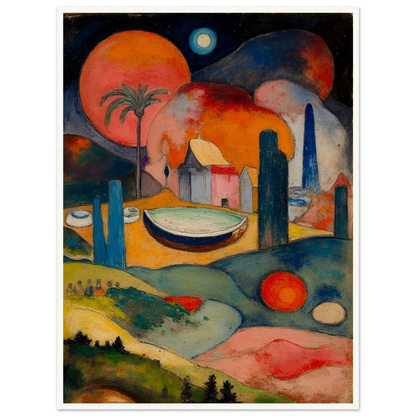 A surreal fantasy landscape featuring colorful geometric buildings, a small boat, rolling hills, glowing celestial spheres, and a palm tree beneath a dark starry sky.