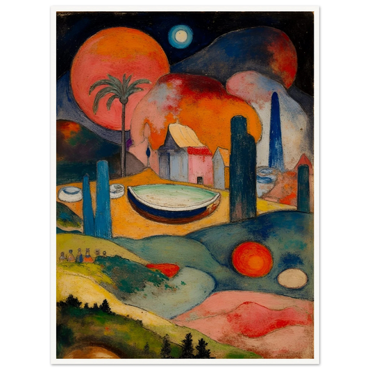 A surreal fantasy landscape featuring colorful geometric buildings, a small boat, rolling hills, glowing celestial spheres, and a palm tree beneath a dark starry sky.