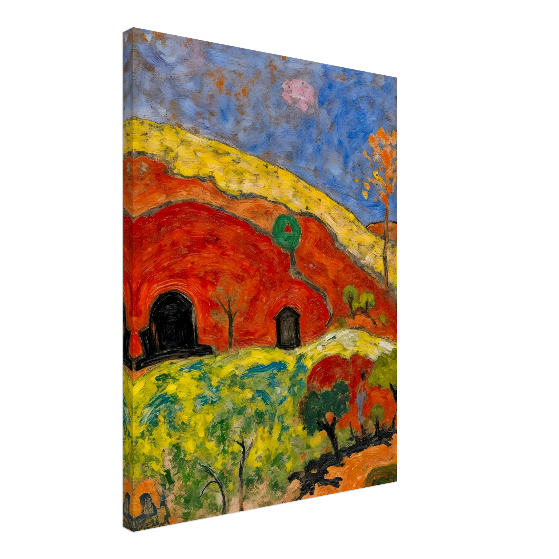 A vibrant expressionist landscape depicting red-orange hills with cave-like dwellings, scattered trees, rolling yellow-green fields, and a deep blue sky illuminated by a pale moon.