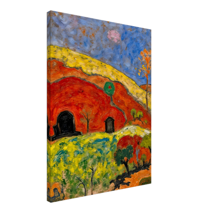 A vibrant expressionist landscape depicting red-orange hills with cave-like dwellings, scattered trees, rolling yellow-green fields, and a deep blue sky illuminated by a pale moon.
