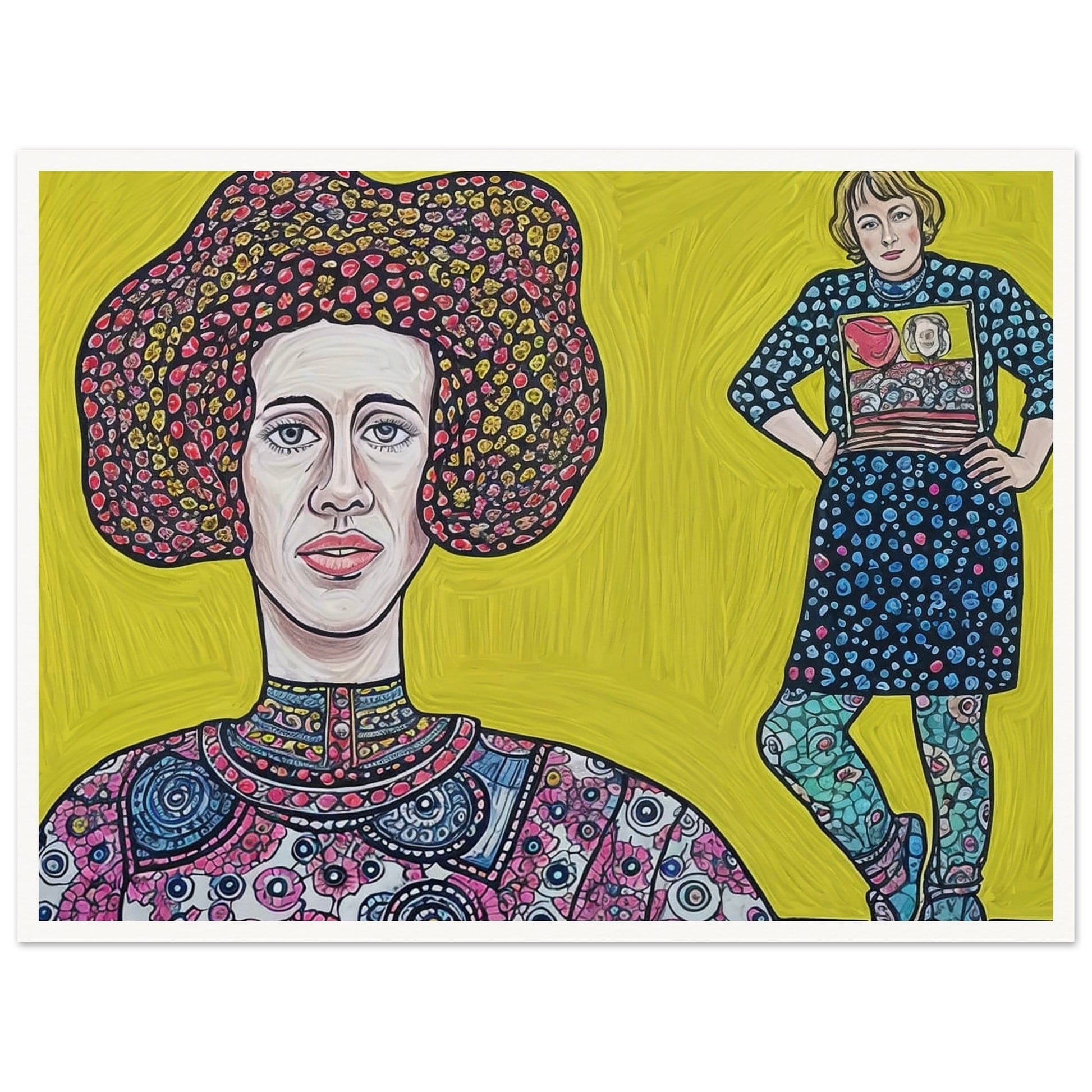 A colorful dual portrait painting featuring two women in patterned clothing against a bright yellow background.