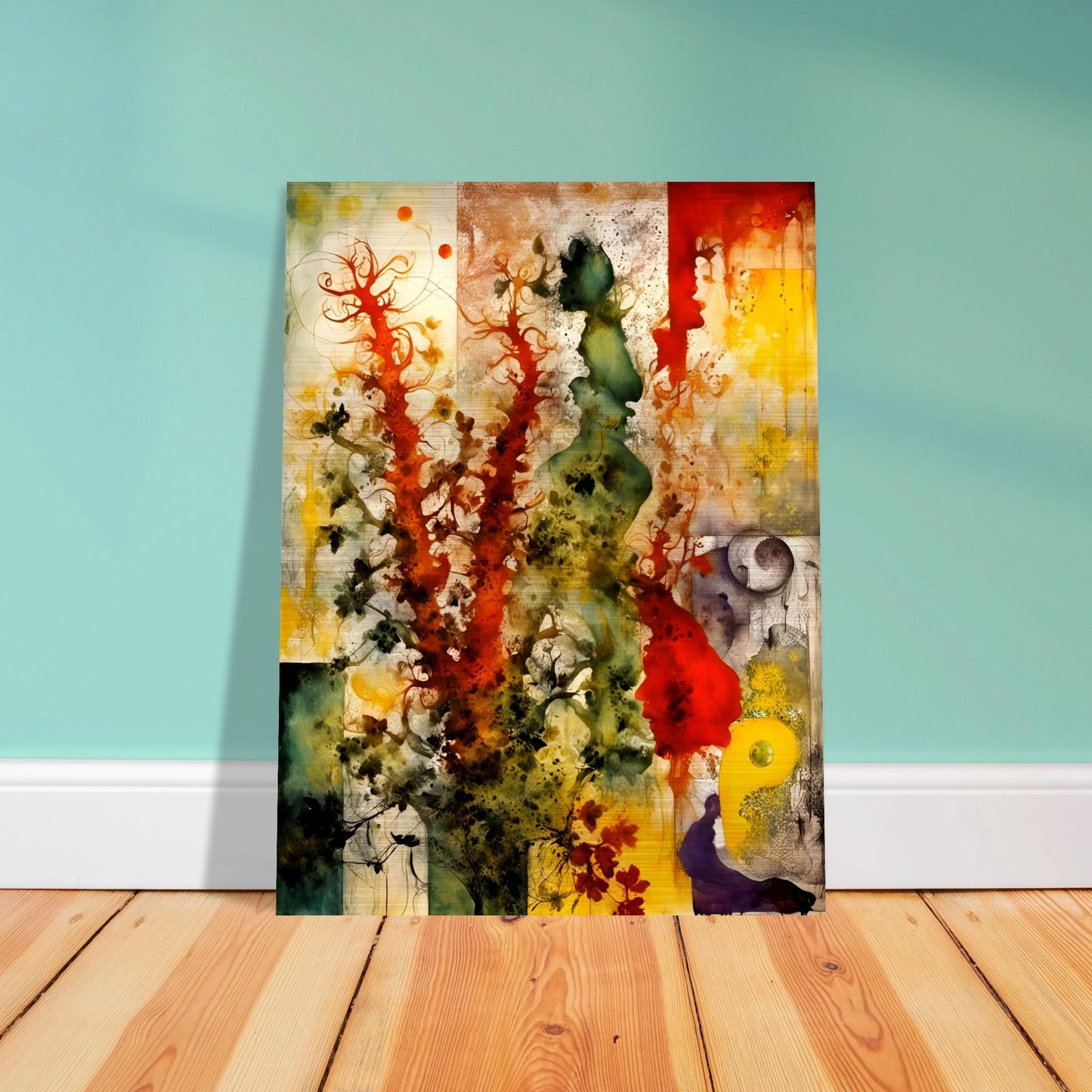 Vivid bursts of red, green, and yellow flow across abstract silhouettes and flora in a dreamlike, nature-inspired composition.