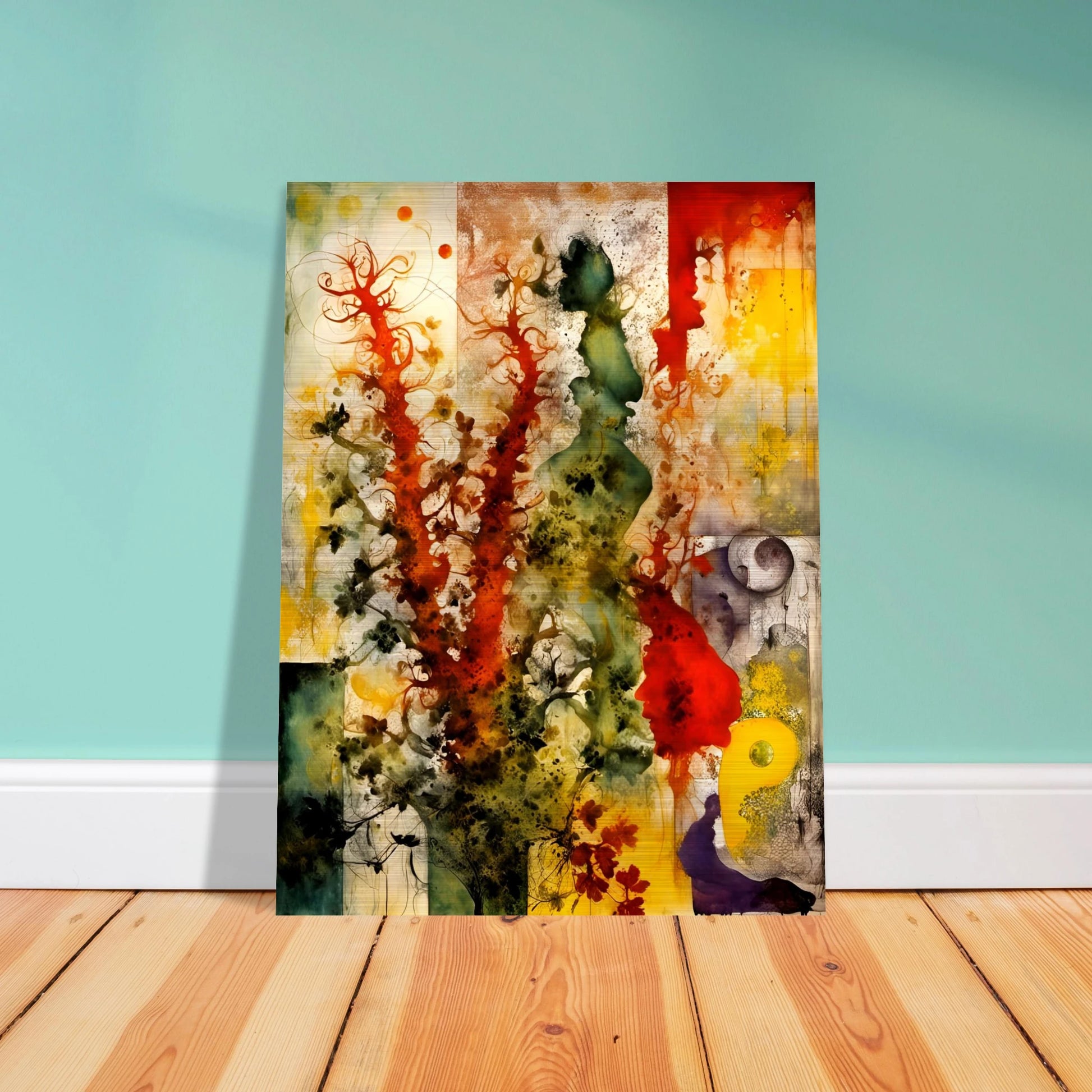 Vivid bursts of red, green, and yellow flow across abstract silhouettes and flora in a dreamlike, nature-inspired composition.