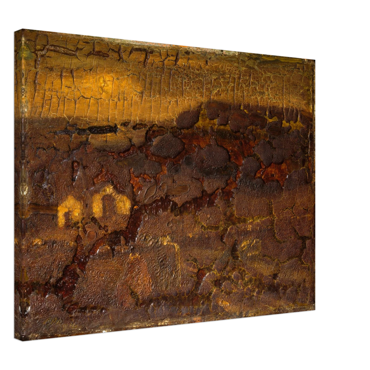A textured earthwork surface in cracked brown, ochre, and gold tones with layered organic relief.