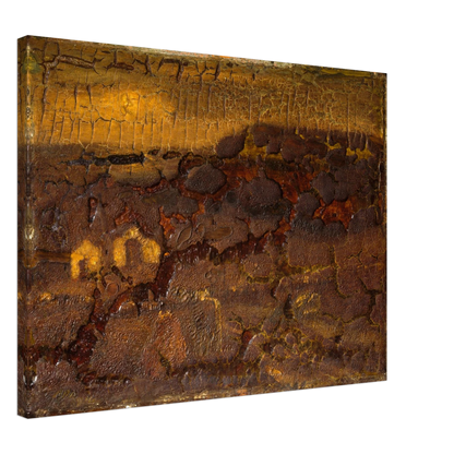 A textured earthwork surface in cracked brown, ochre, and gold tones with layered organic relief.