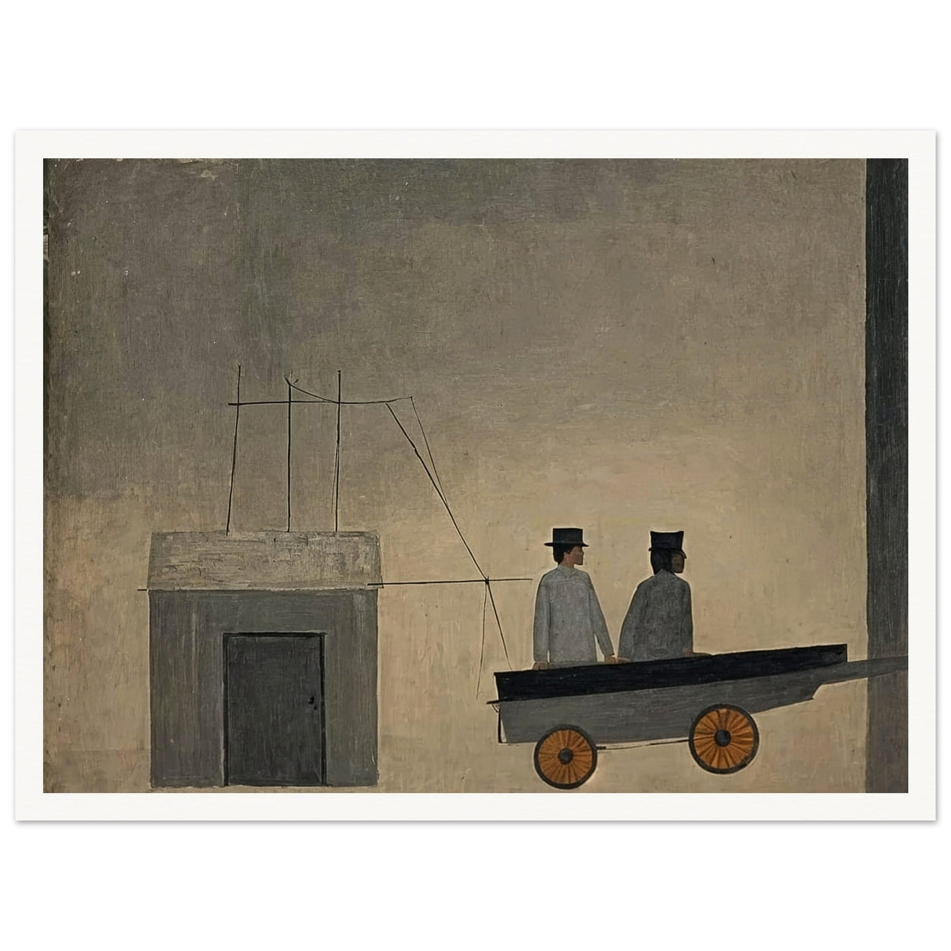 A minimalistic painting depicting two figures in a cart with orange wheels, set against a muted, textured background, creating a sense of mystery.