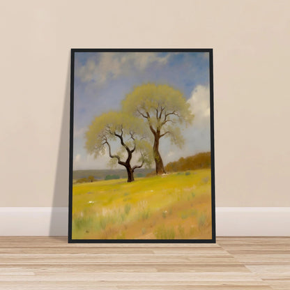 Two softly curved trees rise from a sunlit yellow-green field under a partly cloudy blue sky, evoking peace and resilience.