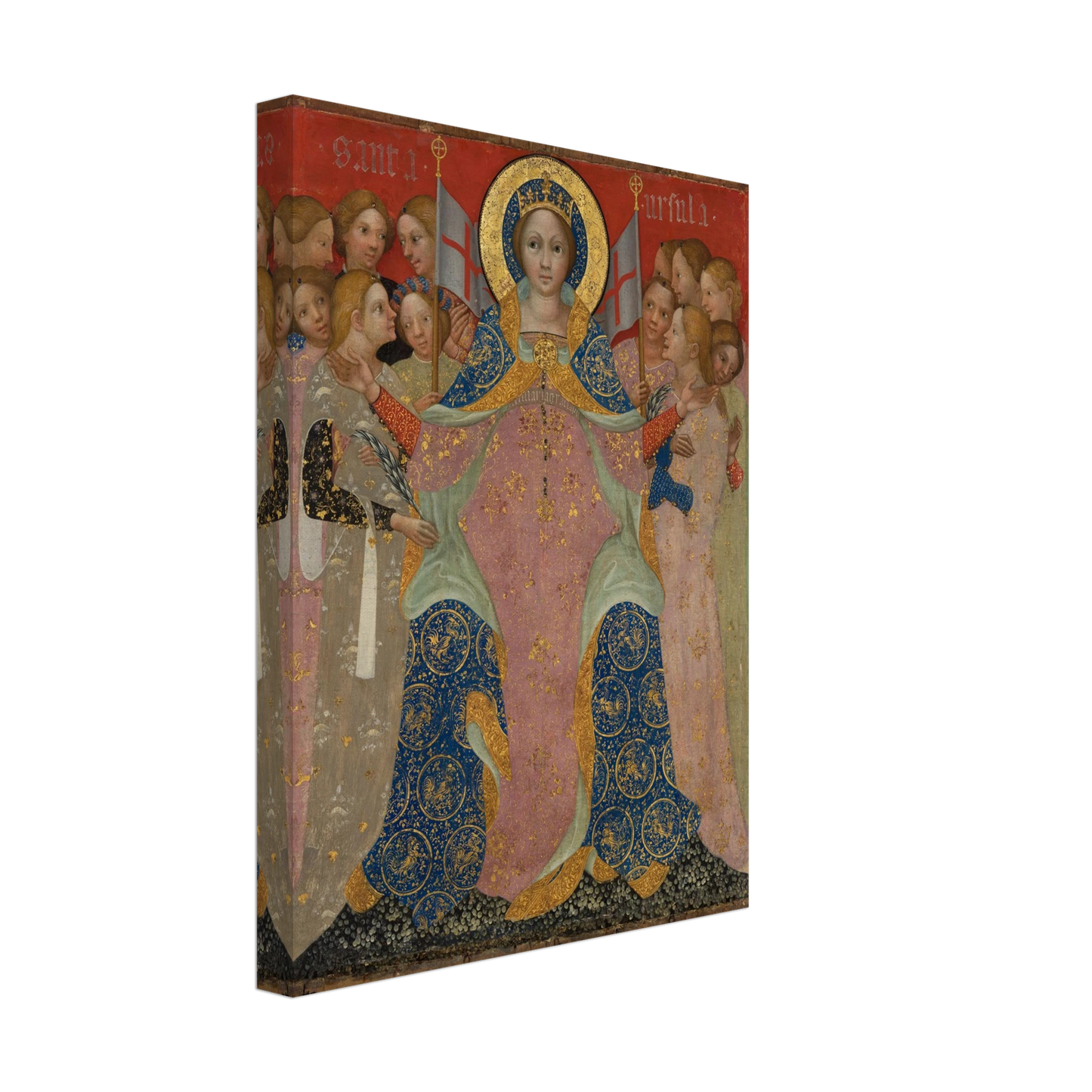 Saint Ursula stands with her maidens in ornate gold and blue robes against a red background