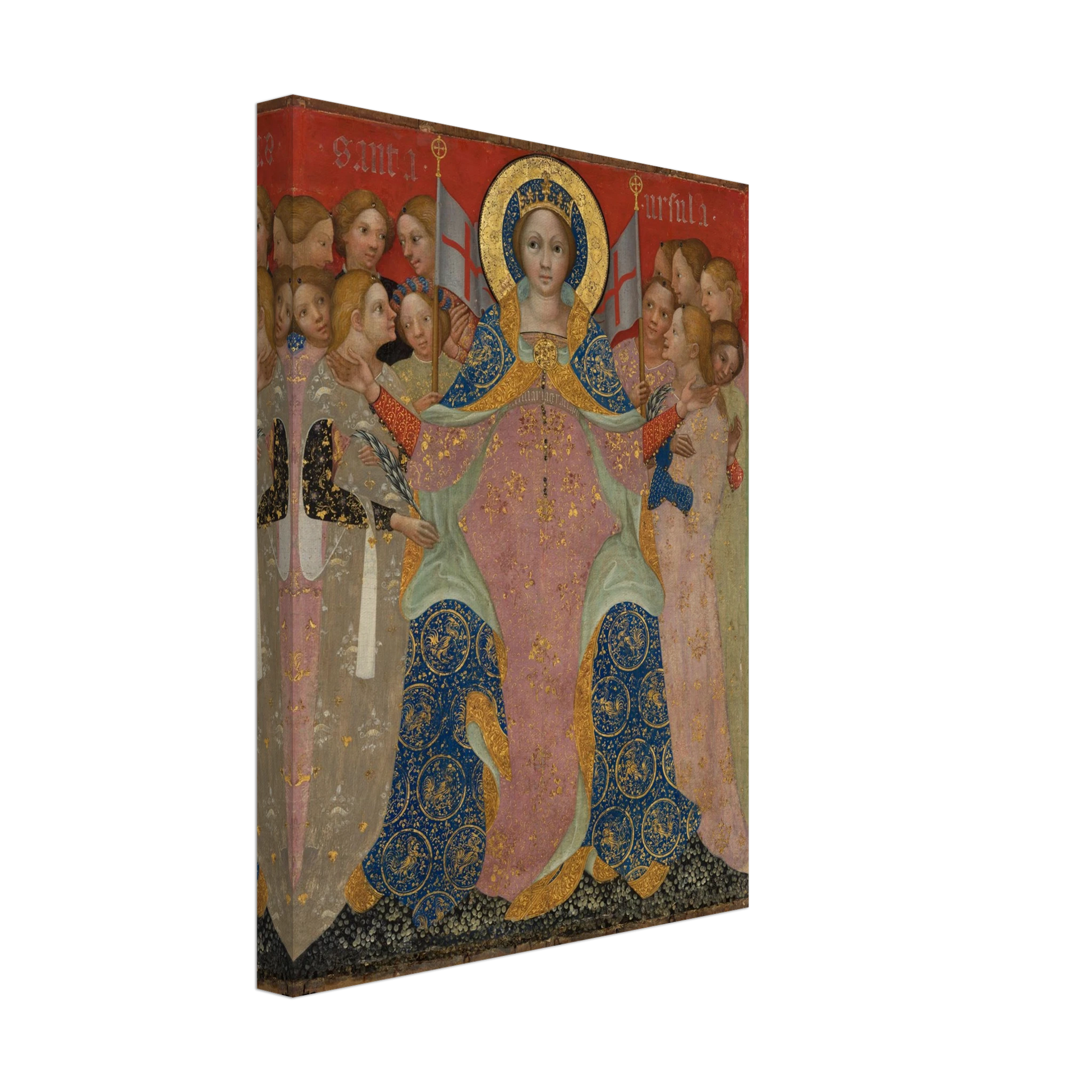 Saint Ursula stands with her maidens in ornate gold and blue robes against a red background
