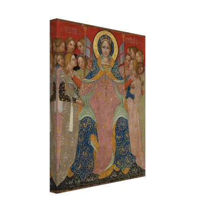 Saint Ursula stands with her maidens in ornate gold and blue robes against a red background
