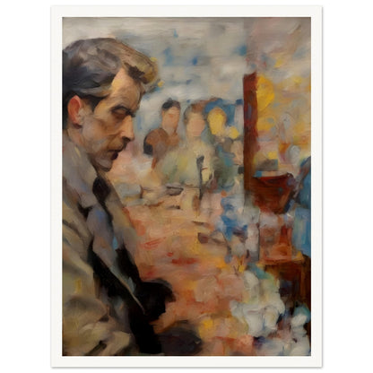 A moody impressionist painting of a man in deep thought, his face partially shadowed, with blurred figures and warm, hazy tones creating an atmospheric scene.