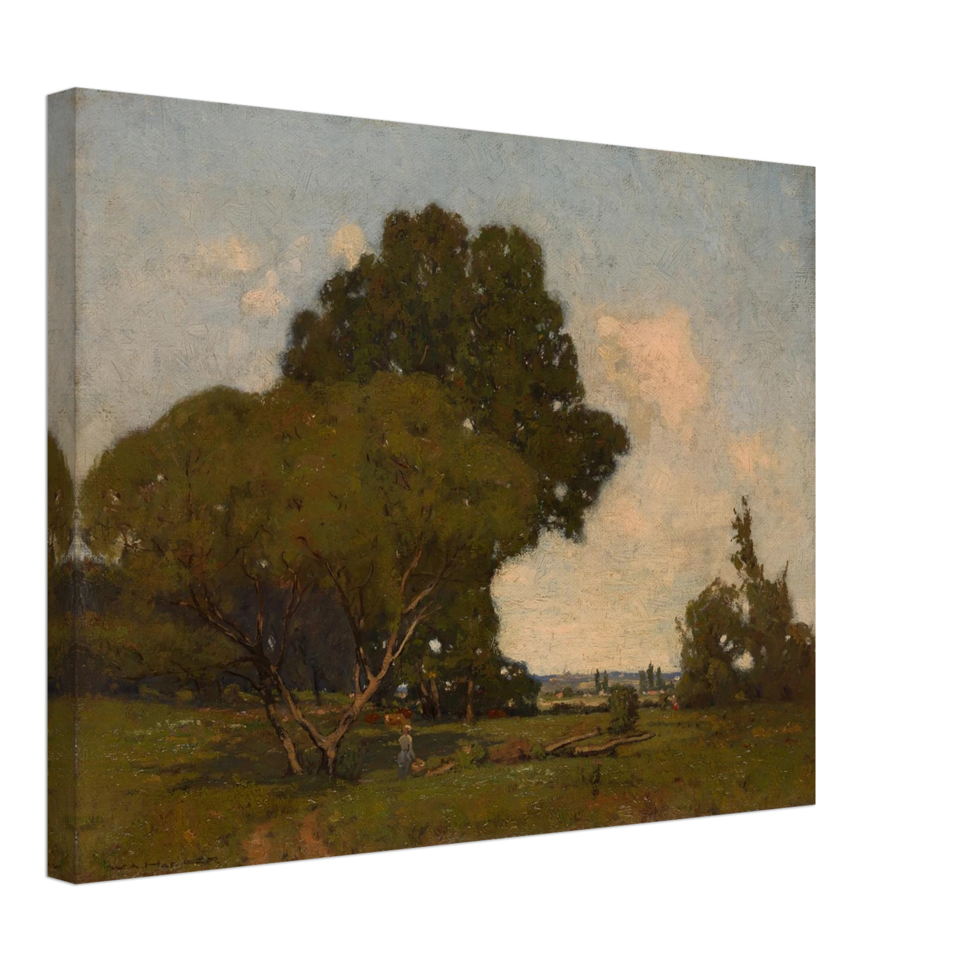 A woman walks through a green meadow beneath broad trees, with a winding path and soft clouds in the distance.