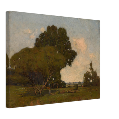 A woman walks through a green meadow beneath broad trees, with a winding path and soft clouds in the distance.