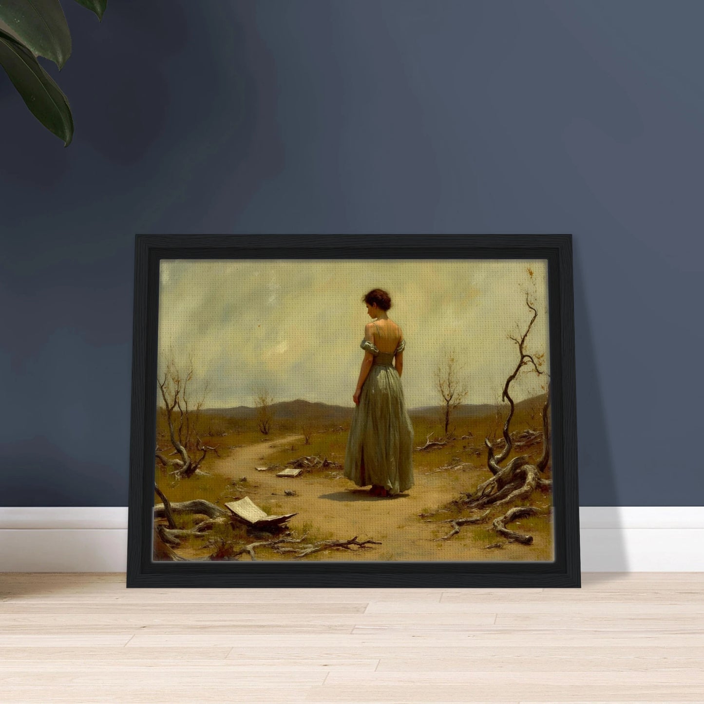 A woman in a flowing dress walks along a desolate path scattered with paper and twisted trees beneath a muted sky.