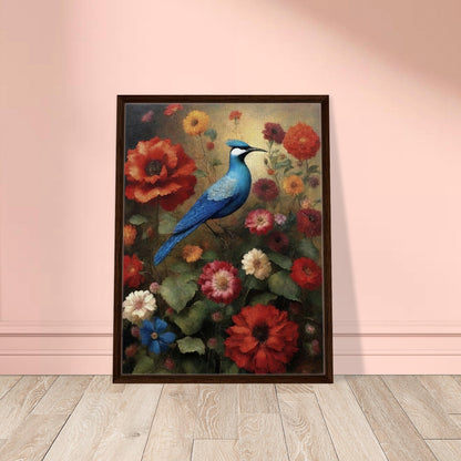 "A vibrant painting of a blue bird perched among blooming flowers in red, orange, and pink hues, set against a soft, warm background."