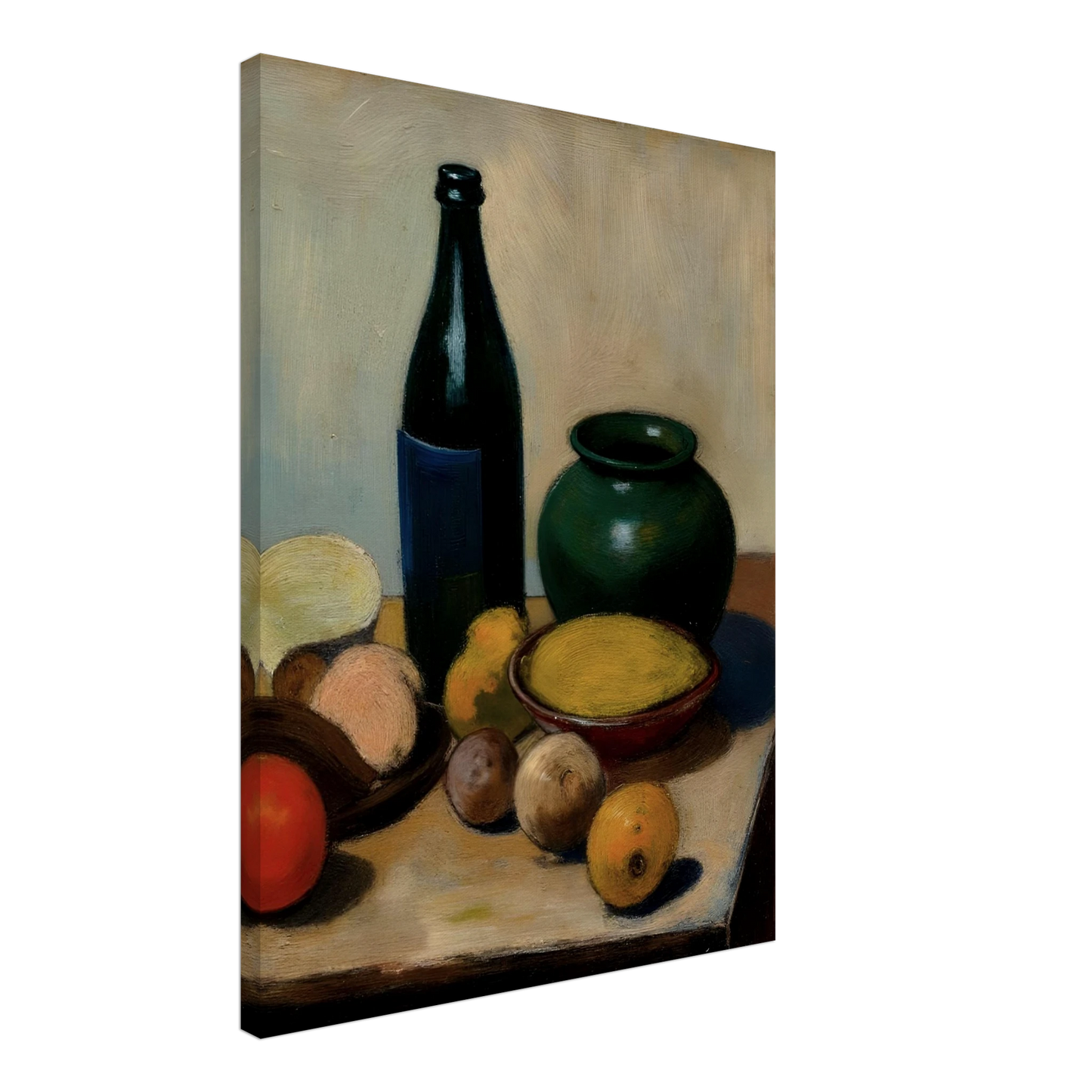 A classic still life painting featuring a dark bottle, a green ceramic vase, a bowl of yellow fruit, and assorted fruits arranged on a tabletop against a soft neutral background.