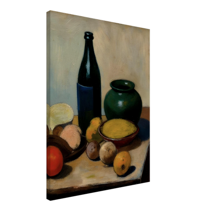 A classic still life painting featuring a dark bottle, a green ceramic vase, a bowl of yellow fruit, and assorted fruits arranged on a tabletop against a soft neutral background.