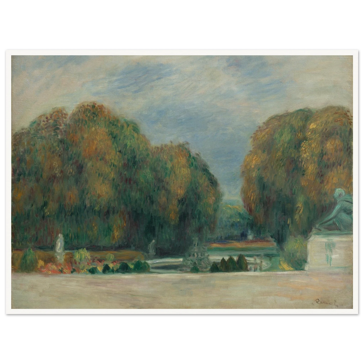 Autumn trees, statues, and formal gardens create a peaceful view of the courtyard at Versailles.